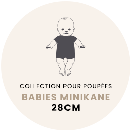 Illustration of a baby doll in a Lili jumpsuit with ribbed little pink hearts and headband, centered on a beige circular background. The text reads: "Collection Pour Poupées Babies Minikane 28cm." Known for exquisite craftsmanship, these Minikane dolls are celebrated for their French-made quality and charm.