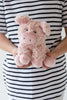 A person in a black and white striped shirt, evoking "Animal Farm" themes, holds Poppy The Pig Stuffed Animal, a fluffy pink toy with small ears and a soft expression.
