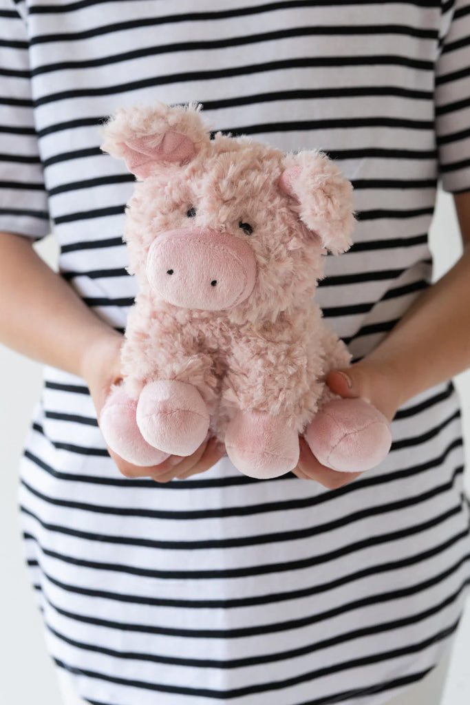 A person in a black and white striped shirt, evoking "Animal Farm" themes, holds Poppy The Pig Stuffed Animal, a fluffy pink toy with small ears and a soft expression.