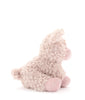 A plush, fluffy pig toy sits against a plain white background, reminiscent of a character from "Animal Farm." The pig is light beige with soft, textured fur and has small ears and a short tail. Its legs and face are slightly darker shades, enhancing its charming appeal. Meet Poppy the Pig!.