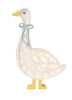 A Handmade Wooden Goose Lamp with a blue knitted bow around its neck. The white body has cut-out patterns allowing light to shine through, creating a soft, warm glow—perfect nursery decor. The goose's yellow feet and beak add charm, while its closed eyes give it a peaceful appearance.