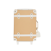 A carry-on sized Olli Ella See-Ya Suitcase - Butterscotch with white straps and metal buckles, viewed from the side against a transparent background.