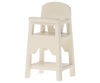 A beige Maileg Mouse Size High Chair for children made of plastic, featuring a built-in safety bar and footrest, set against a plain white background.