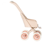 A side view of a Maileg Miniature Stroller, Micro - Powder with patterned fabric on the seat. It has large, round wheels also in light pink, and the handlebar is curved for easy pushing. The design and color scheme suggest it is made for young children.