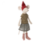 Introducing the Maileg Medium Christmas Mouse, a holiday charm in cozy attire. This delightful mouse is dressed in a knitted brown sweater, a plaid skirt, and festive red-and-white striped socks. It also sports a red pointed hat and stands upright, ready to bring Christmas cheer to any setting.