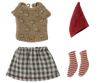 A set of cozy doll clothes for the Maileg Medium Christmas Mouse, featuring a knitted brown sweater with a round neck, a red pointed hat reminiscent of a Christmas mouse, a checkered green and white skirt, and a pair of red and white striped socks.