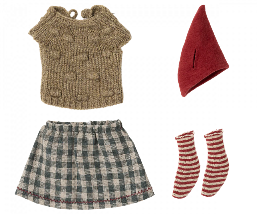 A set of cozy doll clothes for the Maileg Medium Christmas Mouse, featuring a knitted brown sweater with a round neck, a red pointed hat reminiscent of a Christmas mouse, a checkered green and white skirt, and a pair of red and white striped socks.