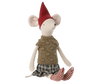 The Maileg Medium Christmas Mouse, outfitted in cozy clothes: a red pointed hat, a green knitted sweater, a plaid skirt, and red and white striped stockings. This soft-furred mouse with large round ears is perfect for festive cheer.