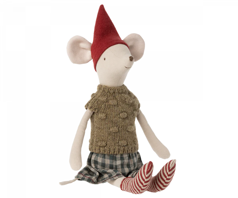 The Maileg Medium Christmas Mouse, outfitted in cozy clothes: a red pointed hat, a green knitted sweater, a plaid skirt, and red and white striped stockings. This soft-furred mouse with large round ears is perfect for festive cheer.