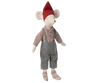 The Maileg Medium Christmas Mouse is adorned in cozy attire, featuring a red hat, a checkered shirt with suspenders, gray pants, and patterned socks. The medium-sized toy stands upright against a plain white background.