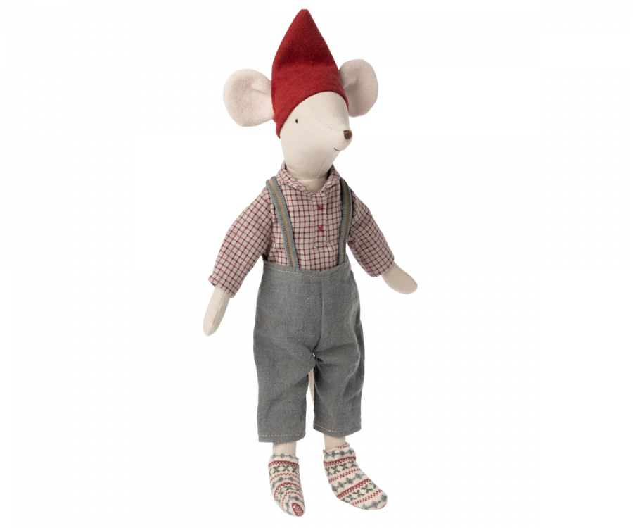 The Maileg Medium Christmas Mouse is adorned in cozy attire, featuring a red hat, a checkered shirt with suspenders, gray pants, and patterned socks. The medium-sized toy stands upright against a plain white background.