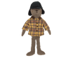 A plush toy bear, fondly called Teddy Dad, is dressed in a yellow plaid shirt, brown pants, and a dark blue hat with ear flaps. Each charming piece of the outfit is available for individual purchase under the product name "Maileg Extra Clothing: Woodsman Jacket and Hat for Teddy Dad." The bear stands proudly against a white background.
