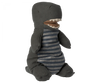A plush toy dinosaur resembling a Maileg Large Dark Green Gantosaurus Dinosaur, specifically a T-Rex, with a dark gray body and lighter gray horizontal stripes on its belly. It features a large mouth with visible white teeth and small stubby arms and legs, crafted from soft mix fabric for extra cuddliness.