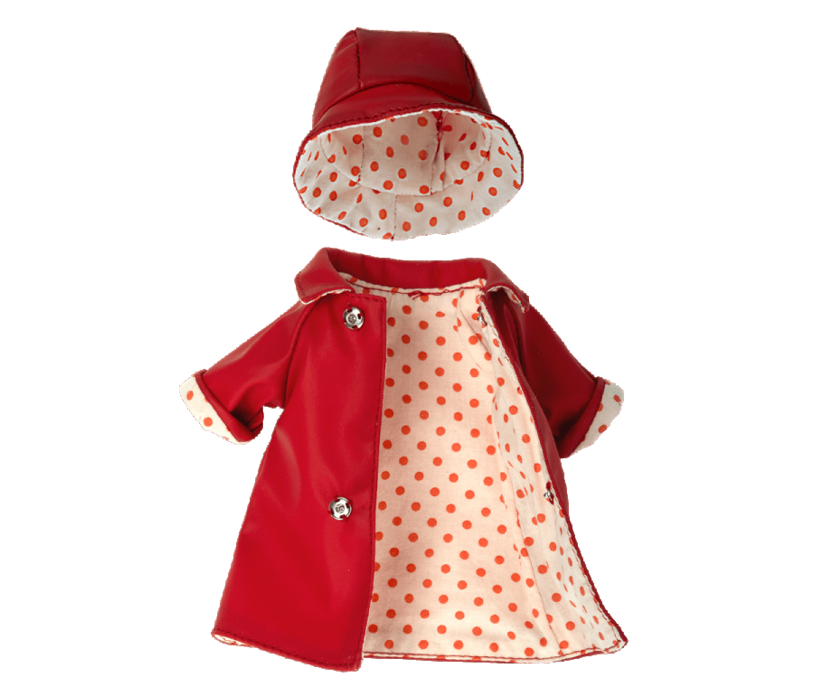 The Maileg Extra Clothing: Rain Coat for Teddy Mum is on display against a plain backdrop, showcasing its vibrant red design complete with a matching hat. Both pieces feature a charming white lining adorned with red polka dots and the raincoat includes two silver buttons, making it an ideal addition to your Teddy Mum collection.