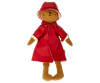 A brown teddy bear from the Teddy Mum collection is dressed in the Maileg Extra Clothing red raincoat with matching hat. The raincoat showcases white polka-dot lining on the sleeves. Featuring a simple embroidered face with black eyes and a tiny brown nose, this charming outfit makes for an adorable listing.