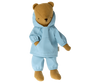 Introducing Teddy Junior, the charming brown teddy bear dressed in his stylish light blue hoodie and matching pants from the Maileg Extra Clothing line. Standing upright with slightly outstretched arms, he's ready to take on any adventure.