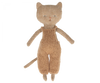 A worn, Maileg Cat Stuffed Animal with button eyes and a knitted overall, standing upright against a solid background.