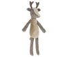 A small deer stuffed animal with antlers photographed on a flat background.