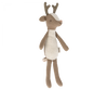 A small deer stuffed animal with antlers photographed on a flat background.
