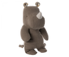 Gray Small Maileg Rhino plush toy standing upright with a visible white horn and small ears, crafted from the softest fabric, isolated on a black background.