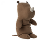 A side view of the Maileg Medium Rhino, a plush toy from the Safari Friends collection. Featuring a brown and beige design with a rounded snout, small ears, tail, and incredibly soft texture, it's perfect for hugs.
