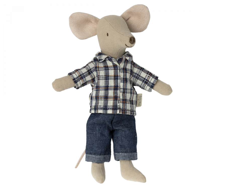 A Maileg Dad Mouse dressed in a plaid shirt and denim shorts, standing against a black background.