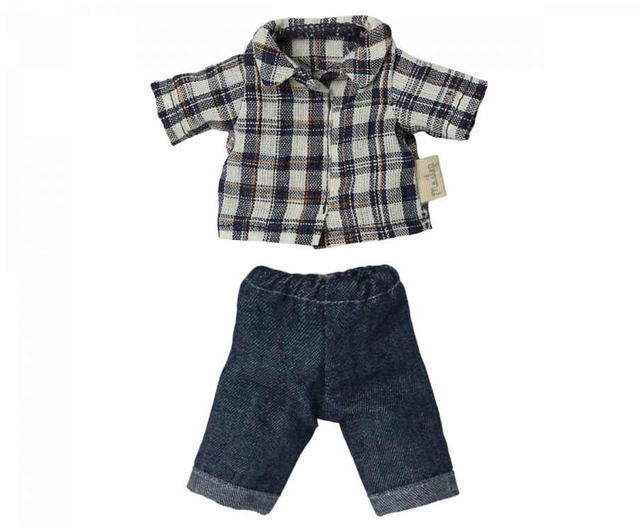 A plaid shirt with rolled sleeves and a pair of jean shorts, both for a child, displayed on a black background, sized perfectly for a Maileg Dad Mouse.