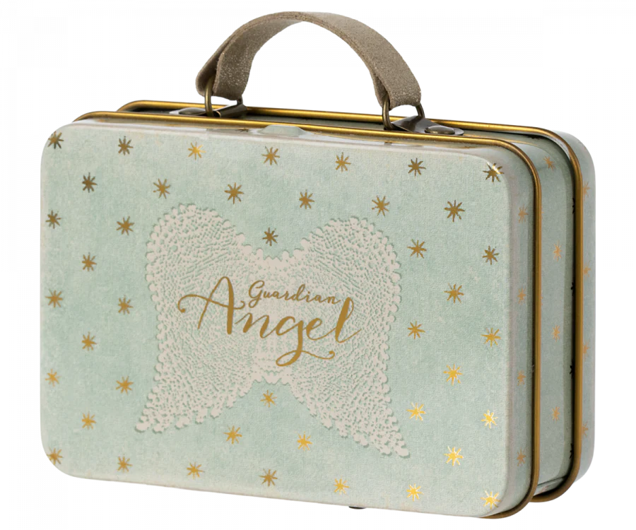 A small, rectangular, mint-colored suitcase with a handle, decorated with golden stars. The front features white, textured angel wings and the text "Guardian Angel" in gold. Inside, you'll find the Maileg Angel Mouse in Metal Suitcase tucked snugly away for safekeeping.