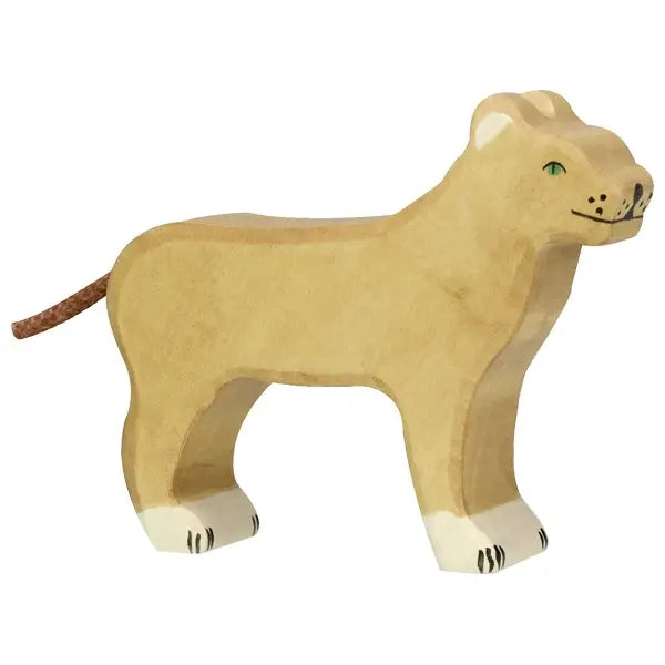 The Holztiger Lioness is a handcrafted wooden figurine from Europe, featuring hand-painted green eyes, a brown tail, and white paw accents, standing proudly on all four legs—a charming addition to the HOLZTIGER collection.