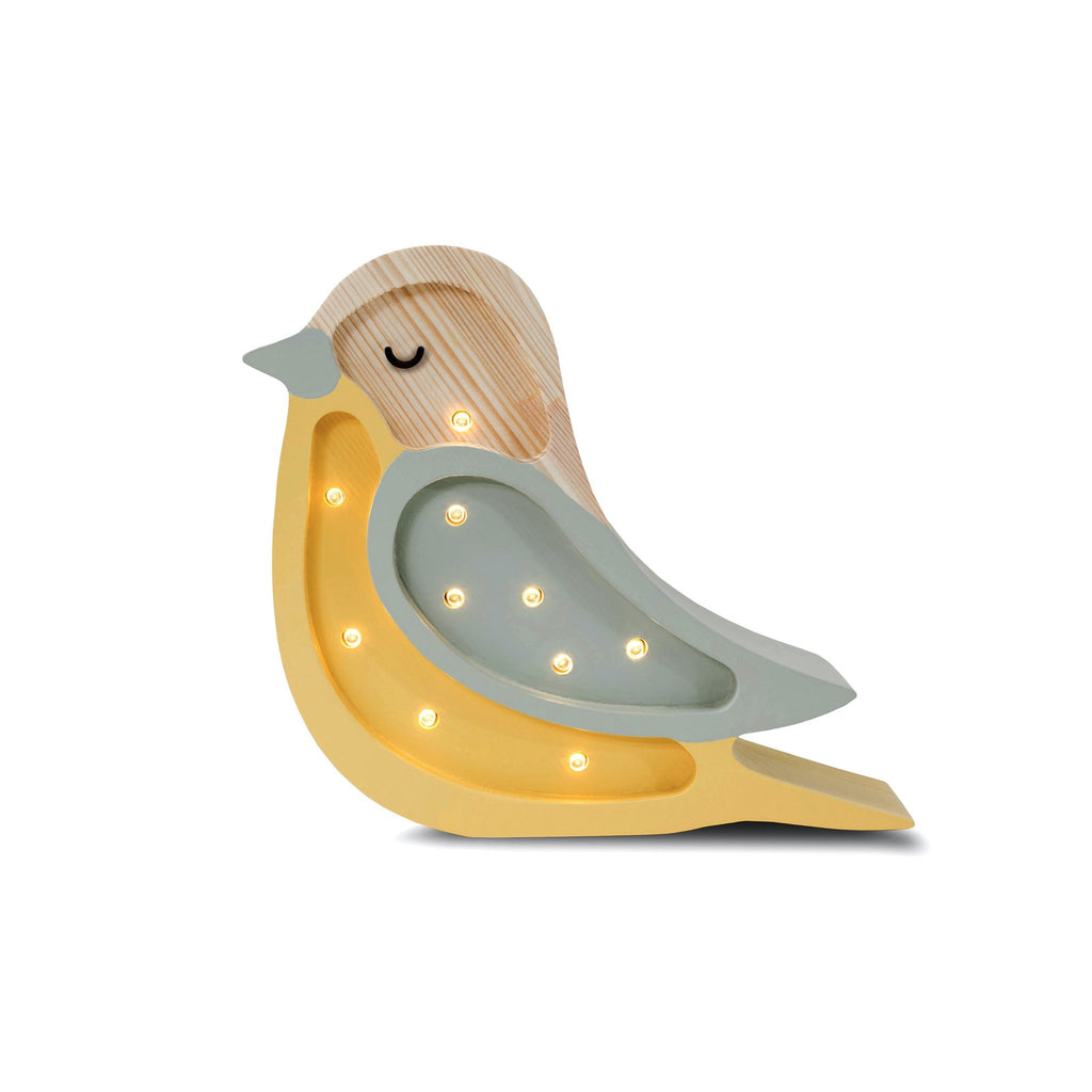 A Little Lights Bird Lamp shaped like a peaceful bird with small LED lights forming a pattern on its body. It features a mix of soft yellow, light blue, and natural wood tones, making it the perfect handmade pinewood lamp for a child's room. The bird's serene closed-eye design adds to its charm.