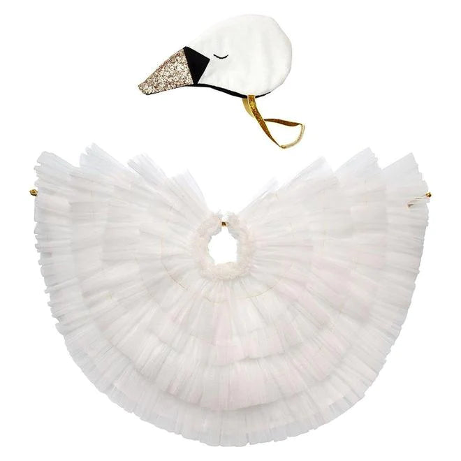 A Meri Meri Swan Costume with a white ruffled collar, featuring a glittery beak and tulle wings, and a string for hanging.