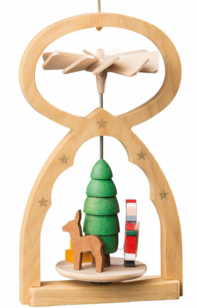 The Richard Glaesser Mini Pyramid Hanging Ornament - Santa, made in Germany, features a top fan. Inside, it showcases a green tree, reindeer, small presents, and carved stars. Made from natural wood, it's designed to spin gently and bring holiday cheer.