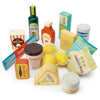 A collection of colorful, educational Grocery Sets including packages of rice, ketchup, cheese, and other foods along with bottles and cans, all designed for children's play.
