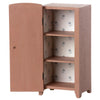 A small, peach-colored Maileg Miniature Closet crafted from FSC-certified wood, with one door partially open, revealing three shelves lined with paper featuring a blue floral pattern.