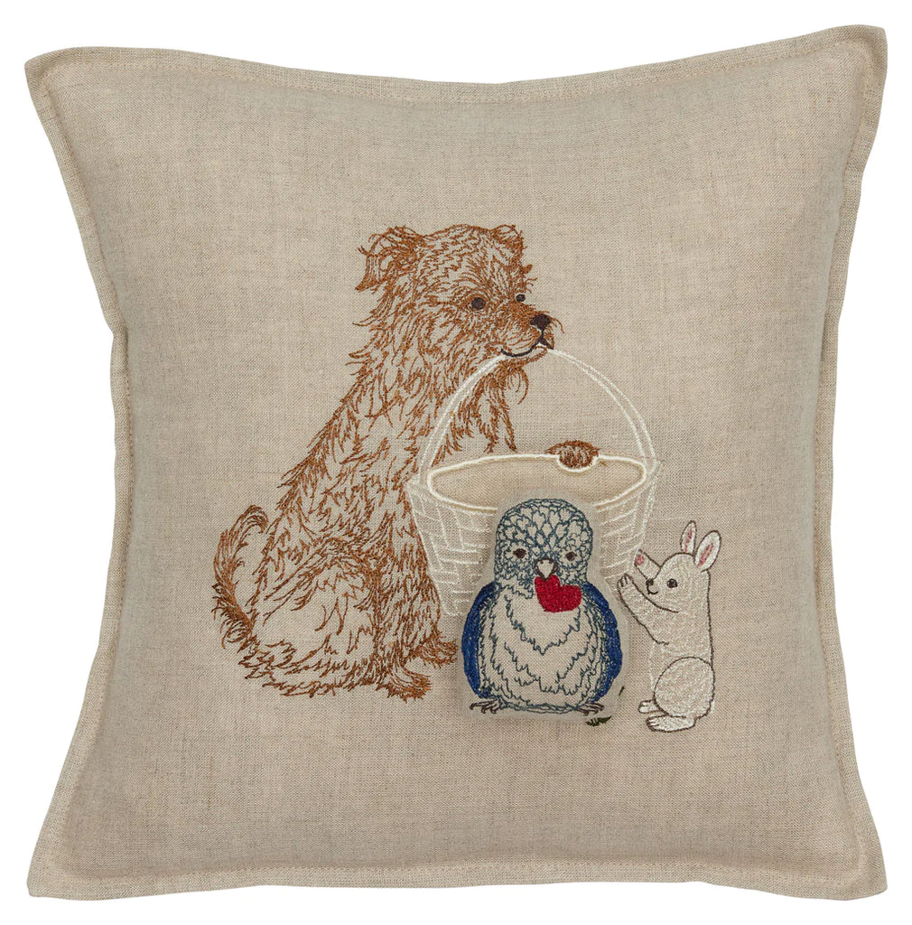The Coral & Tusk Puppy Love Pocket Pillow is perfect for decor, featuring an embroidered puppy with a white bucket, a bird with a red heart on its chest, and a rabbit on hind legs against neutral beige fabric.