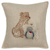 The Coral & Tusk Puppy Love Pocket Pillow is perfect for decor, featuring an embroidered puppy with a white bucket, a bird with a red heart on its chest, and a rabbit on hind legs against neutral beige fabric.