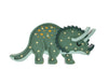 The Little Lights Triceratops Lamp, a charming green dinosaur night light for children, features illuminated dots on its body and frill. This delightful nursery decor piece is set against a white background and adds a soothing glow to any child's room.