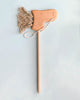 The Handmade Wooden Riding Horse boasts a charming horse head on a stick, crafted from smooth beech wood and adorned with a string mane against a light background.